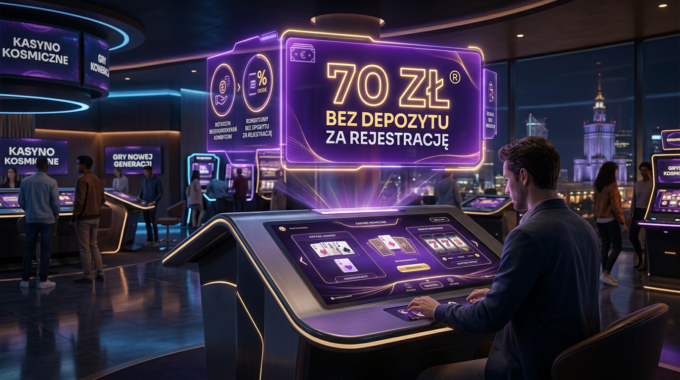Futurystyczny interfejs kasyna online z widocznym bonusem 70 PLN bez depozytu.